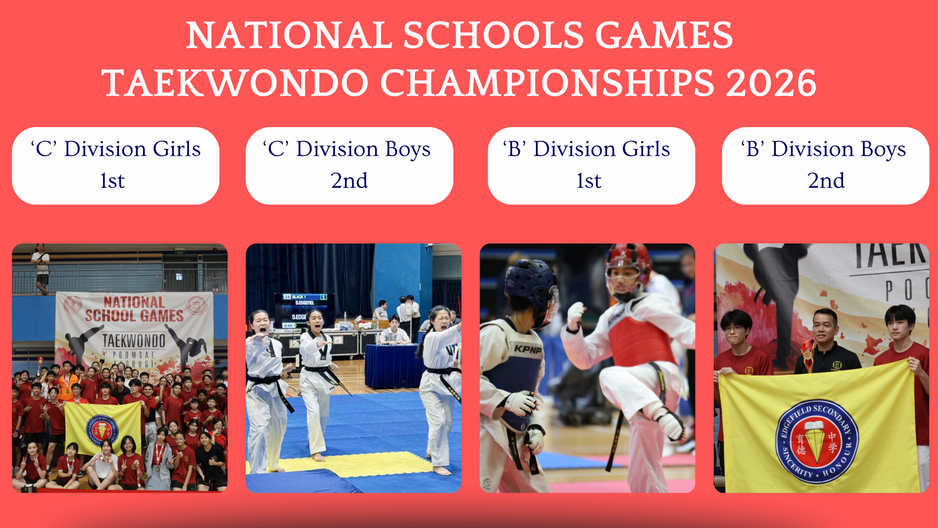 Poster for National Schools Games Taekwondo Championships 2026 showing four division results with competition photos.